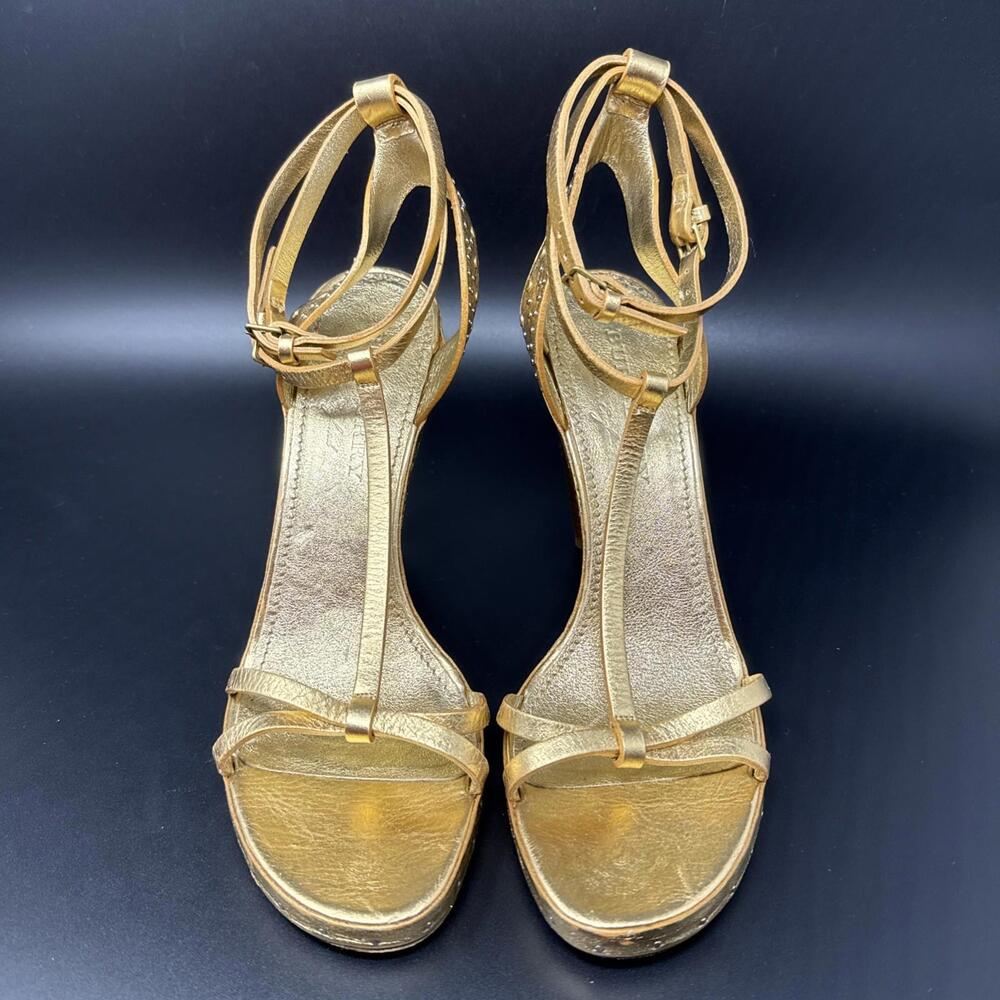 BURBERRY Hans Runway Stud T-Strap Cone Hand Painted Heel Sandals Gold 40
